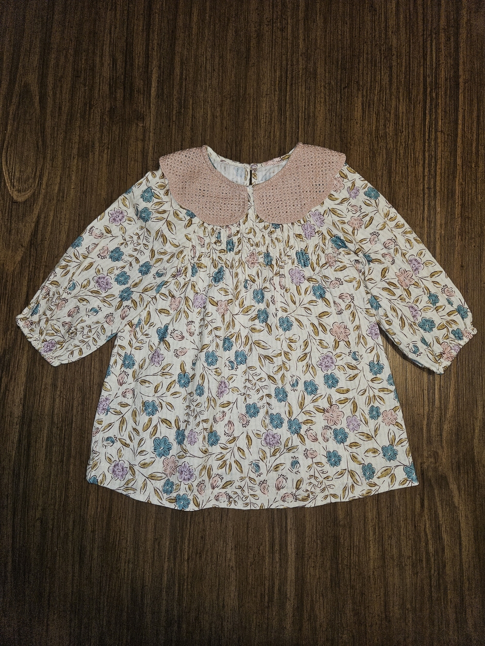 Zara Cream Floral Dress with Pink Crochet Collar Toddler 12-18 Months